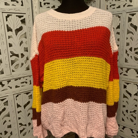 VUTTI ADORABLE WHITE & MULTICOLOR LAYERS OPEN KNIT WIDE LONG SLEEVE SWEATER - Picture 2 of 8